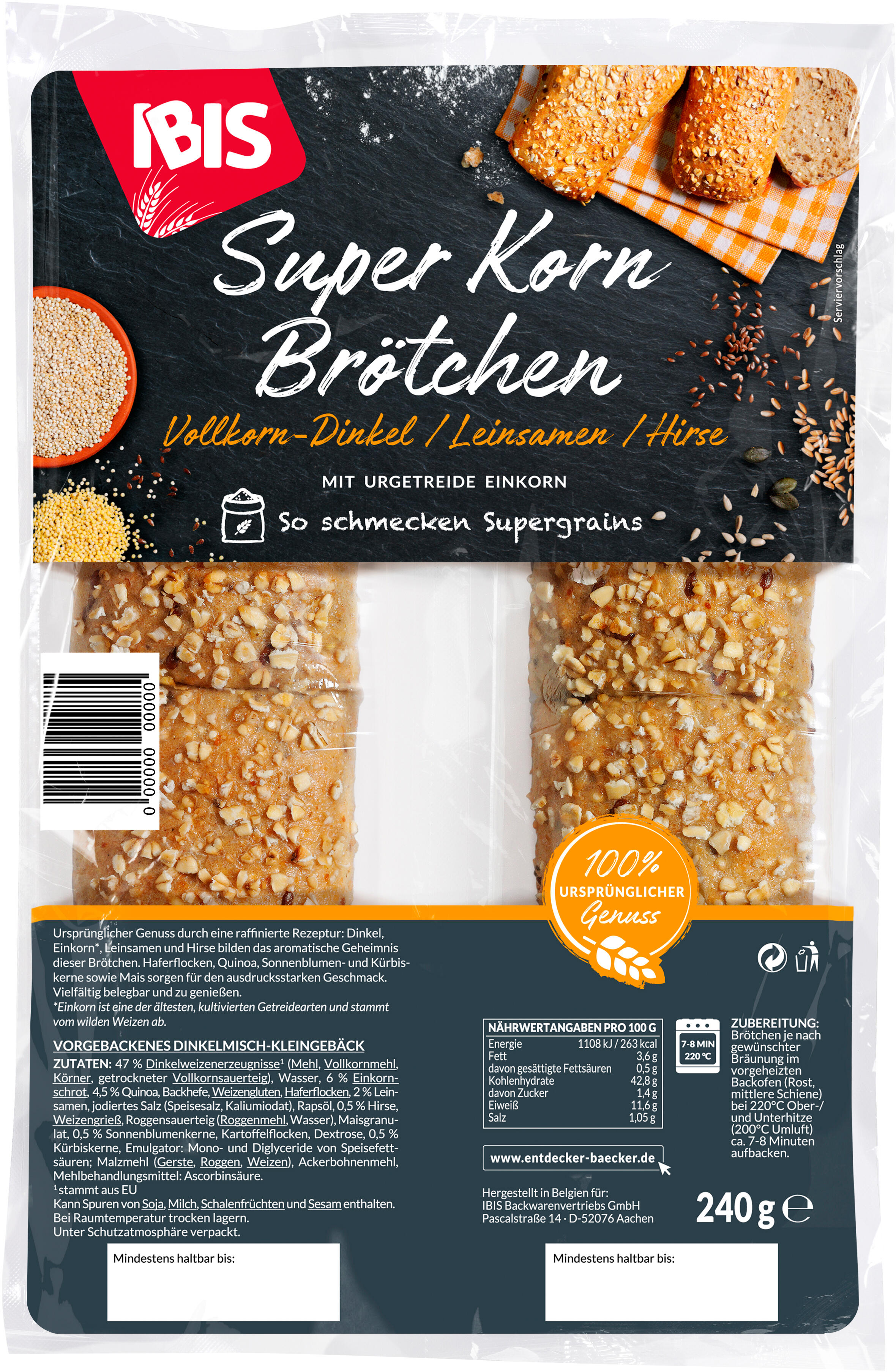Packshot Super Korn Brötchen Vollkorndinkel, Leinsamen und Hirse