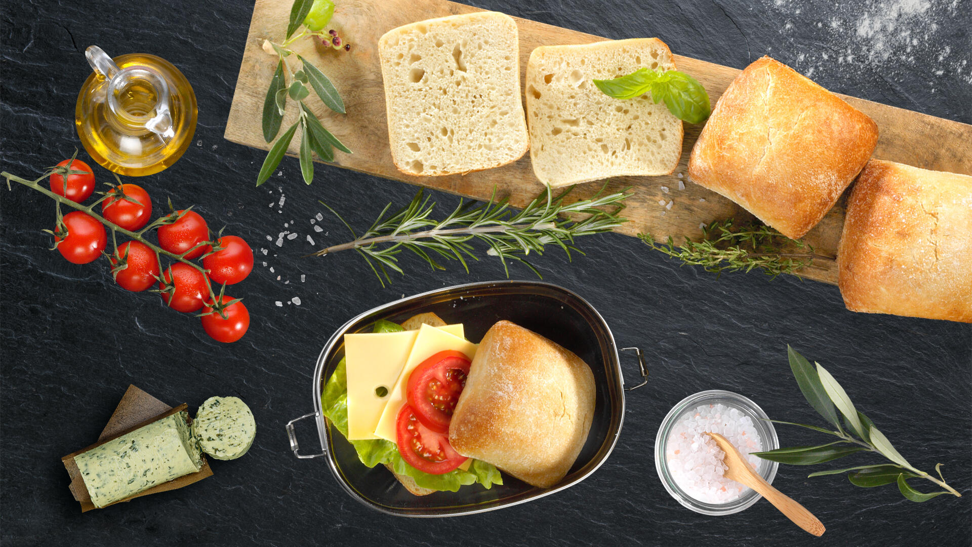 Steinofen Ciabattinas, Olivenöl, Tomaten, mediterrane Kräuter