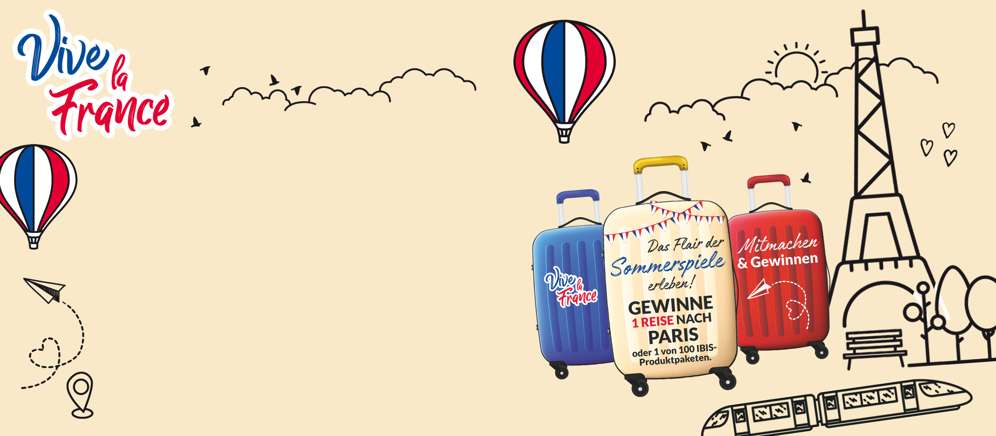 Illustriertes Bild zum Gewinnspiel, welches Koffer, den Eifelturm und Heißluftballons zeigt.