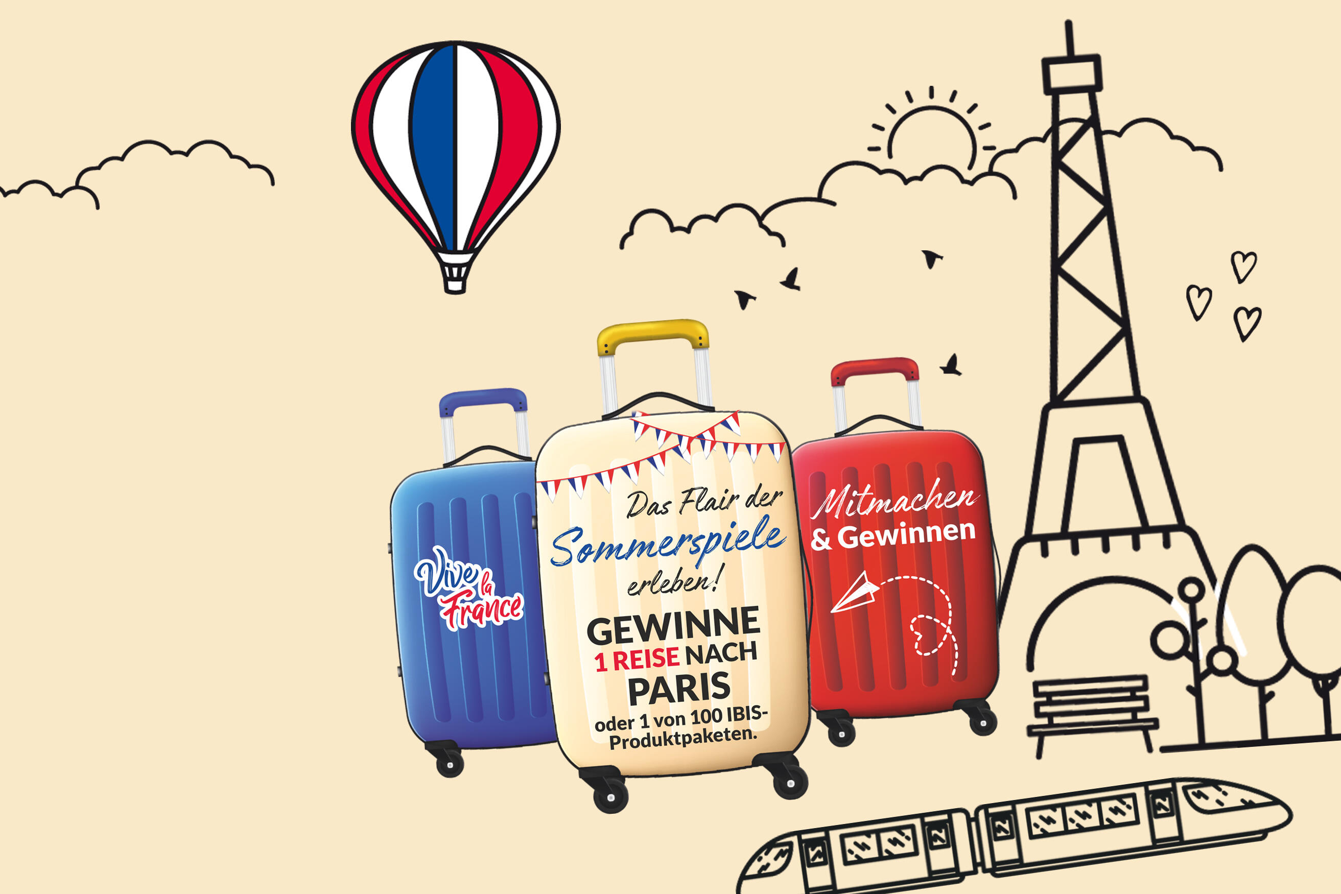 Illustriertes Bild zum Gewinnspiel, welches Koffer, den Eifelturm und Heißluftballons zeigt.