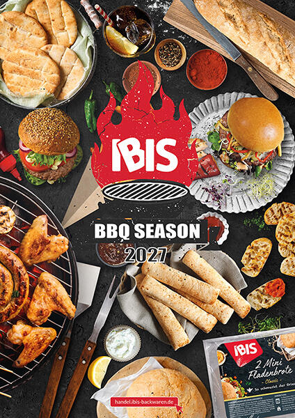 BIS Barbecue Season 2027: A composition featuring burgers, flatbreads, wraps, grilled chicken wings, and spices set against a dark background surrounding the IBIS logo with a flame-like design.